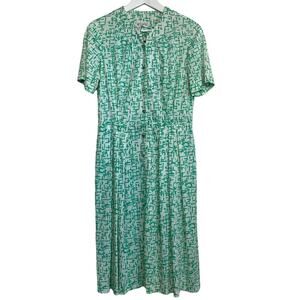 Vintage 60s Korell Custom Plus Design Green White Printed Shirt Dress Midi